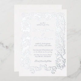 Invitación Con Relieve Metalizado Elegante Vintage Ornamentado Blanco Gris Plateado