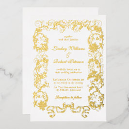 Invitación Con Relieve Metalizado Elegante Vintage Ornamentado Oro Blanco