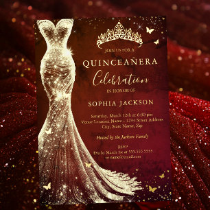 Invitación Con Relieve Metalizado Elegante Vintage Rojo Dorado Mariposa Quinceañera