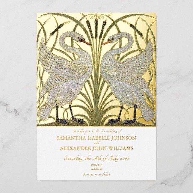 Invitación Con Relieve Metalizado Elegante Walter Crane Swan Pair Romántico Boda (Anverso)