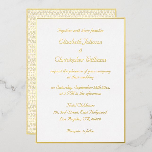 Invitación Con Relieve Metalizado Elegante White Faux Gold Modern Wedding (Anverso/Reverso)