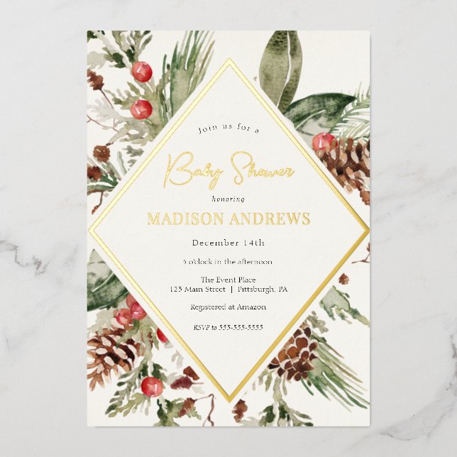 Invitación Con Relieve Metalizado Elegante Winter Evergreen Poinsettia Baby Shower (Anverso)