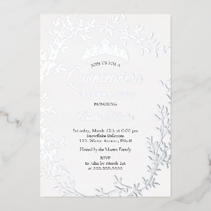 Invitación Con Relieve Metalizado Elegante Wreath Quinceanera
