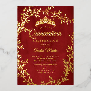 Invitación Con Relieve Metalizado Elegante Wreath Red Gold Leaf Quinceanera