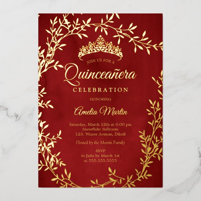 Invitación Con Relieve Metalizado Elegante Wreath Red Gold Leaf Quinceanera (Anverso)
