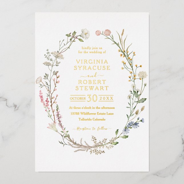 Invitación Con Relieve Metalizado Elegante Wreath Royal Simple Boda (Anverso)
