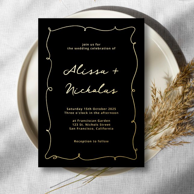 Invitación Con Relieve Metalizado Elegante y caprichoso Boda negro y oro (Subido por el creador)