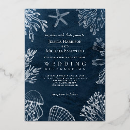 Invitación Con Relieve Metalizado Elegante y elegante Boda de Playa del Océano Azul