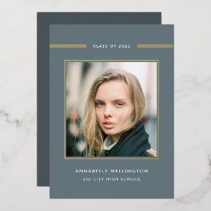 Invitación Con Relieve Metalizado Elegante y elegante foto de graduación gris dorada