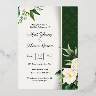 Invitación Con Relieve Metalizado Elegante y lujoso verde blanco floral dorado