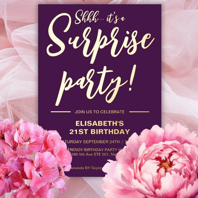 Invitación Con Relieve Metalizado Elegante y moderno púrpura 21 cumpleaños sorpresa (Subido por el creador)