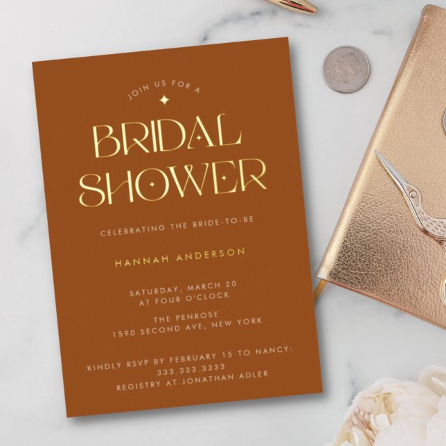 Invitación Con Relieve Metalizado Elegante y moderno terracota Gold Star Bridal Show (Subido por el creador)