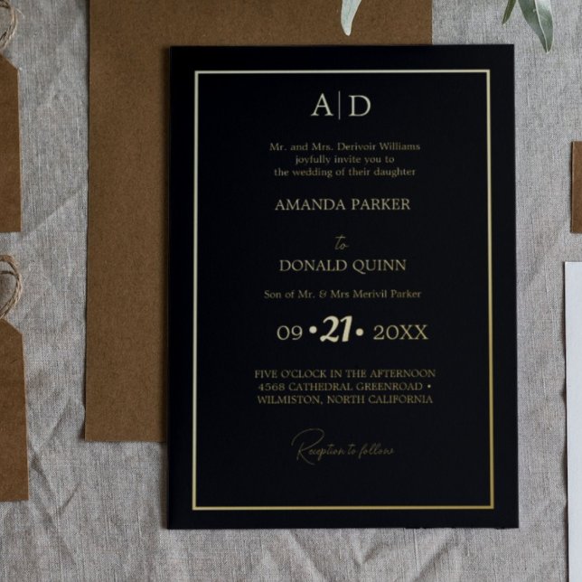 Invitación Con Relieve Metalizado Elegante y romántico Boda de Monograma Negro (Subido por el creador)
