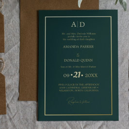 Invitación Con Relieve Metalizado Elegante y romántico Boda de Monograma Verde Esmer