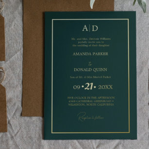 Invitación Con Relieve Metalizado Elegante y romántico Boda de Monograma Verde Esmer