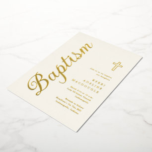Invitación Con Relieve Metalizado Elegante y simple escritura de oro Baptismo suave 