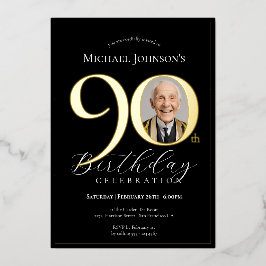 Invitación Con Relieve Metalizado Elegante y simple foto de oro negro 90 cumpleaños