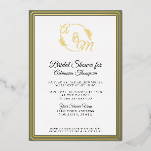Invitación Con Relieve Metalizado Elegante y Simple Monograma Verde Dorado Llenado N