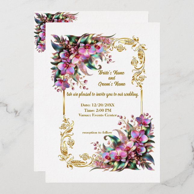 Invitación Con Relieve Metalizado Elegante y vibrante Boda de flores de orquídeas (Anverso/Reverso)