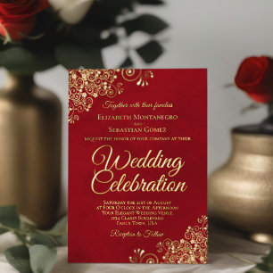 Invitación Con Relieve Metalizado Elegantes adornos florales de oro Boda rojo Crimso