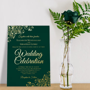 Invitación Con Relieve Metalizado Elegantes adornos florales de oro Boda verde esmer