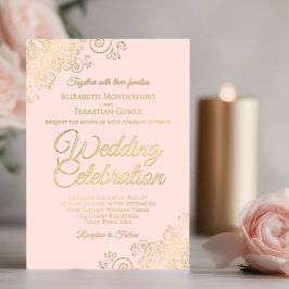 Invitación Con Relieve Metalizado Elegantes adornos florales de oro en Boda rosa de
