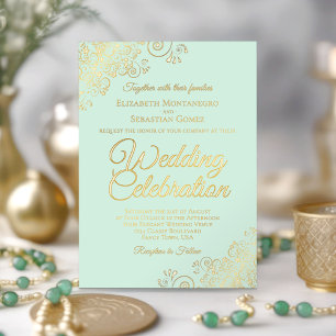 Invitación Con Relieve Metalizado Elegantes adornos florales de oro en Boda verde de