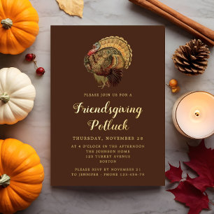 Invitación Con Relieve Metalizado Elegantes Amigos Vintage Pavo Acción de Gracias Po