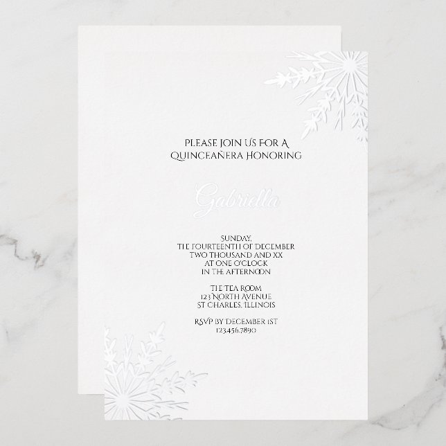 Invitación Con Relieve Metalizado Elegantes copos de nieve Invierno Quinceañera (Anverso/Reverso)