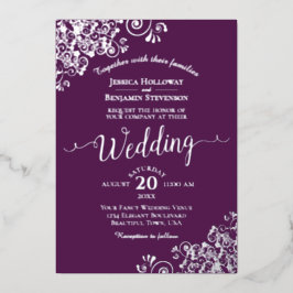 Invitación Con Relieve Metalizado Elegantes curvas plateadas en el Boda Plum Purple