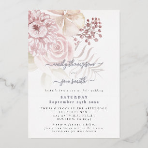 Invitación Con Relieve Metalizado Elegantes Florales Rosa QR Boda de código Real