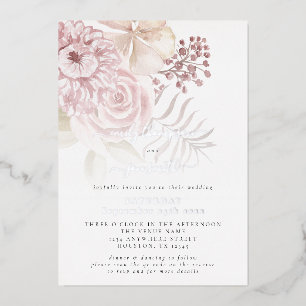 Invitación Con Relieve Metalizado Elegantes Florales Rosados Código QR Boda Real