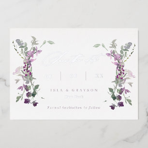 Invitación Con Relieve Metalizado Elegantes flores silvestres de lila Boda Guardar l