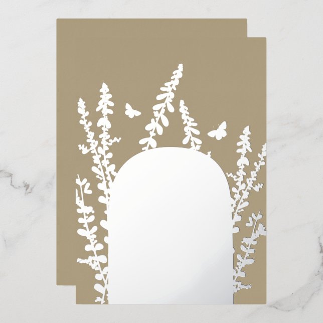 Invitación Con Relieve Metalizado Elegantes hojas de jardín y mariposas boda    (Anverso/Reverso)