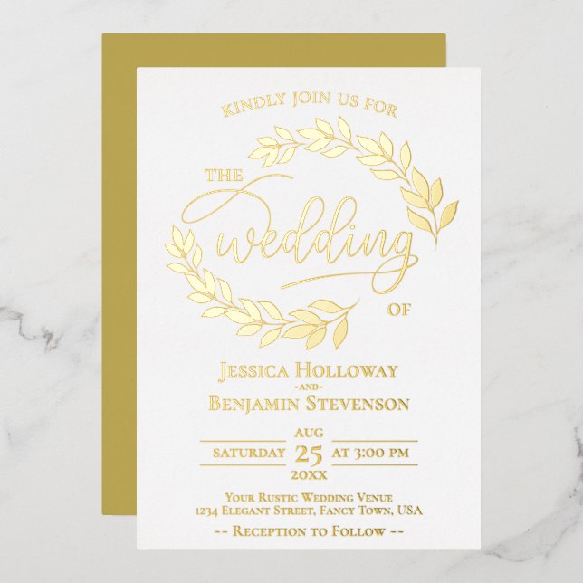 Invitación Con Relieve Metalizado Elegantes hojas de oro en Boda de clase blanca (Anverso/Reverso)