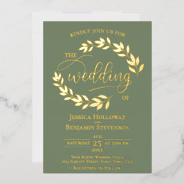 Invitación Con Relieve Metalizado Elegantes hojas de oro en un Boda elegante verde s