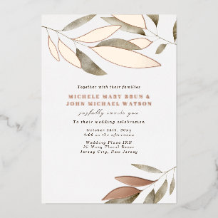 Invitación Con Relieve Metalizado Elegantes Hojas de Otoño en Acuarela Boda Rosa Dor