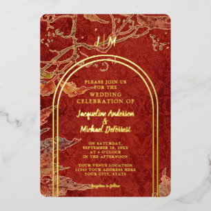Invitación Con Relieve Metalizado Elegantes hojas de otoño rojas lámina de oro Arco