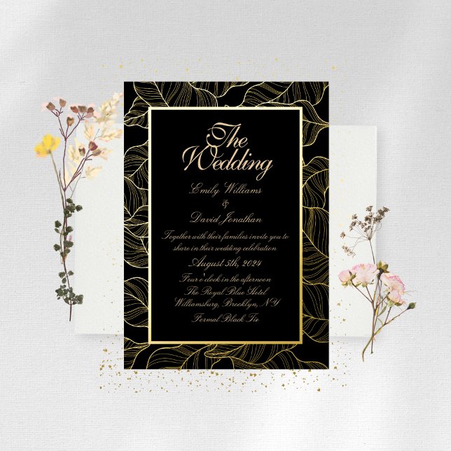 Invitación Con Relieve Metalizado Elegantes hojas doradas negras (Subido por el creador)