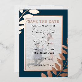 Invitación Con Relieve Metalizado Elegantes Hojas Tropicales Foto Guardar Fecha Real