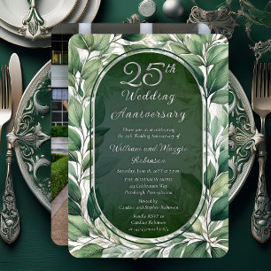 Invitación Con Relieve Metalizado Elegantes Hojas Verdes 25º Aniversario de Boda