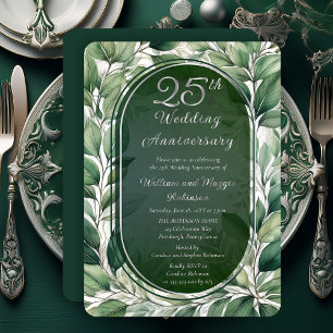 Invitación Con Relieve Metalizado Elegantes Hojas Verdes 25º Aniversario de Boda
