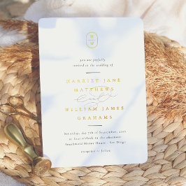 Invitación Con Relieve Metalizado Elegantes Iniciales Foto en Blanco y Negro Boda
