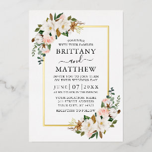 Invitación Con Relieve Metalizado Elegantes magnolias de acuarela rosas boda oro
