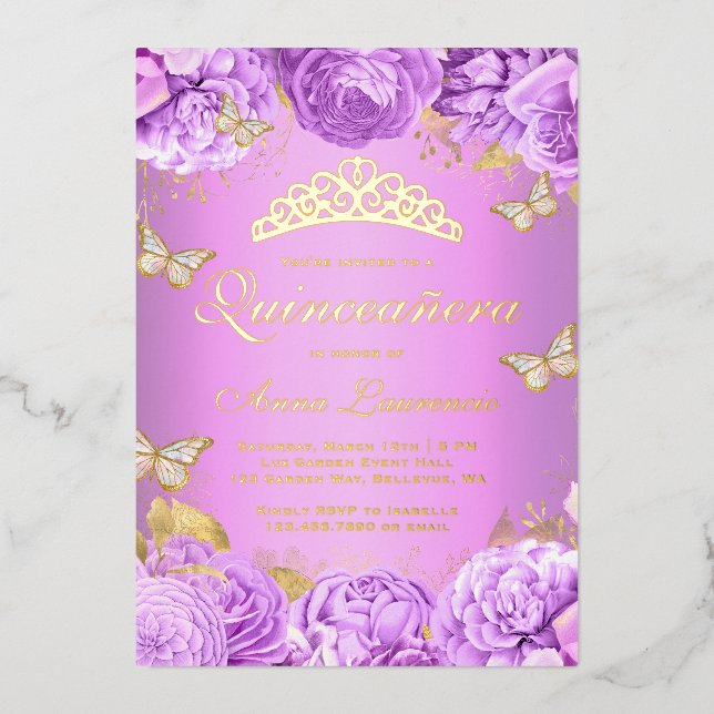 Invitación Con Relieve Metalizado Elegantes mariposas florales púrpuras Quinceanera (Anverso)