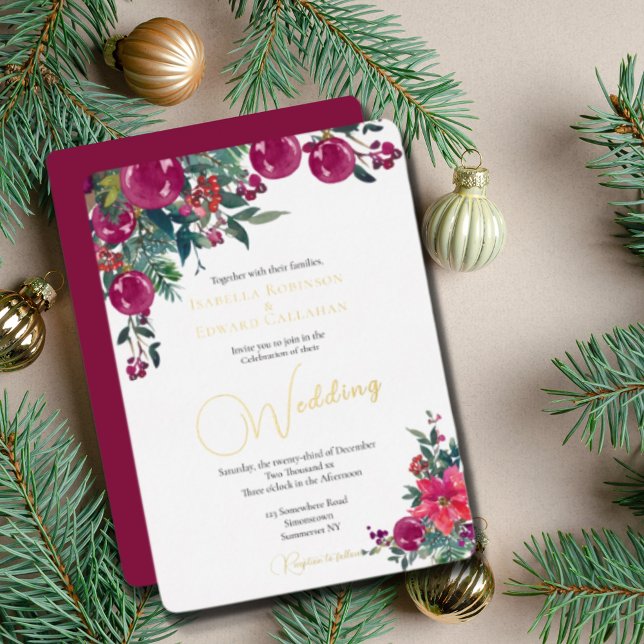 Invitación Con Relieve Metalizado Elegantes Navidades de Poinsettia Rosa Boda Floral (Subido por el creador)