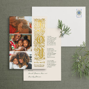 Invitación Con Relieve Metalizado Elegantes Navidades multifoto de "Alegría al mundo