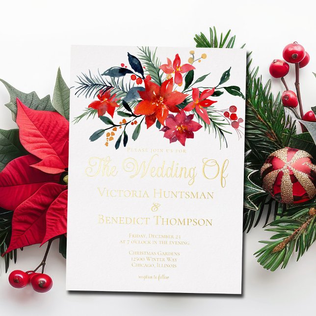 Invitación Con Relieve Metalizado Elegantes Navidades Poinsettia Floral Boda Gold (Subido por el creador)