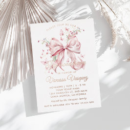 Invitación Con Relieve Metalizado Elegantes Perlas de Bow Rosadas y Flores Silvestre