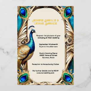 Invitación Con Relieve Metalizado Elegantes plumas azules doradas de pavo real 3D re